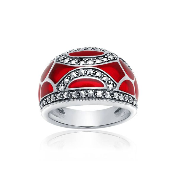 Red Enamel and Marcasite 10-window Ring